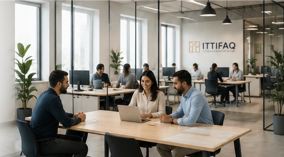 Professionals collaborating in the ITTIFAQ workplace